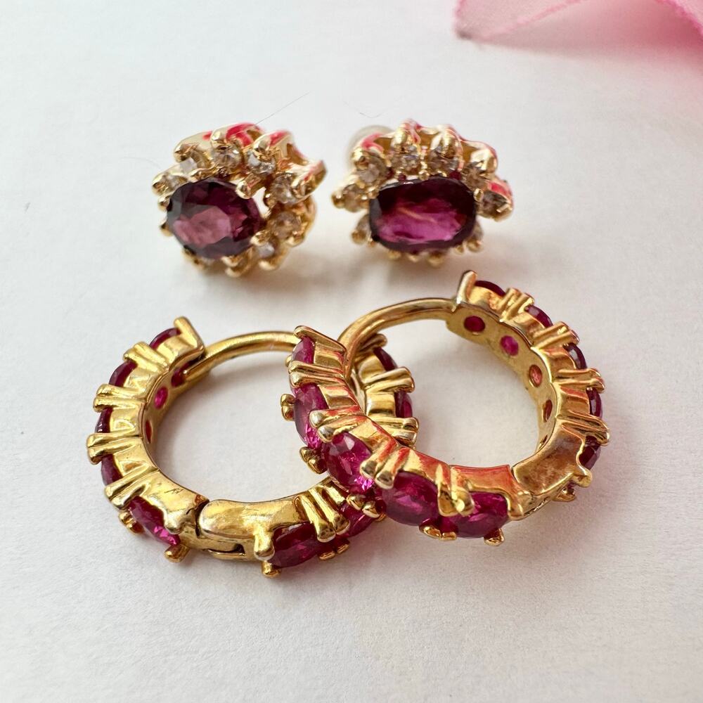 Ruby Earring Set Huggie Hoop Halo Stud Tested Glows 2 Pair Pierced Gift For Her